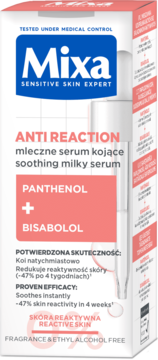 Mixa Anti Reaction mleczne serum kojące z pantenolem i bisabobolem, biało-różowe opakowanie, widok z przodu.