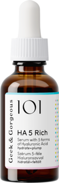 Bursztynowa butelka serum Geek & Gorgeous 101 HA 5 Rich z kwasem hialuronowym, biała pipeta, widok z przodu.