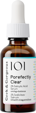 Geek & Gorgeous 101 Porefectly Clear 2% Salicylic Acid Serum w brązowej butelce z zakraplaczem, widok z przodu.