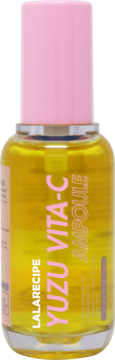 LALARECIPE YUZU VITA-C AMPOULE, szklana butelka z złotym serum i różową pompką, widok z przodu.
