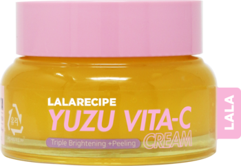 LaLa Recipe Yuzu Vita-C Cream, rozjaśniający, w pomarańczowo-żółtym słoiczku z różową nakrętką, z przodu.