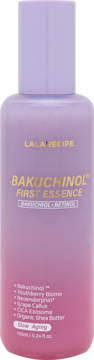 LaLa Recipe Bakuchinol First Essence, fioletowa butelka, formuła Bakuchiol + Retinol dla slow aging, widok z przodu.