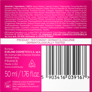 Tył opakowania odmładzającego kremu Eveline AGE BACK CODE, 50ml, z listą składników i kodem kreskowym.