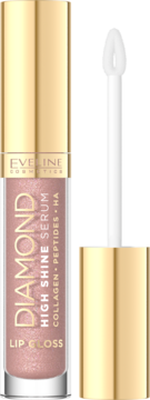 Eveline Diamond High Shine Serum Lip Gloss, różowo-brokatowy, w przezroczystej tubce ze złotą zakrętką, z wyciągniętym aplikatorem.