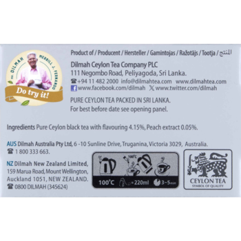 Tył opakowania herbaty Dilmah Ceylon Earl Grey z brzoskwinią, lista składników, instrukcje parzenia.