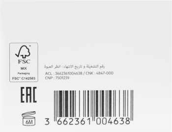 Fragment etykiety SVR Cicavit+ Creme: kod kreskowy, certyfikat FSC, oznaczenie EAC i symbol PAO 6M.