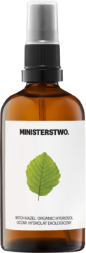 MINISTERSTWO. Organic Witch Hazel Hydrosol w brązowej butelce z atomizerem, etykieta z zielonym liściem, widok z przodu.