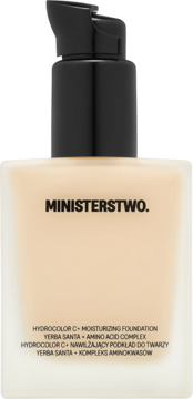 Podkład Ministerstwo Hydrocolor C- Nawilżający, Vanilla Pudding, w beżowej butelce z czarną pompką, widok z przodu.
