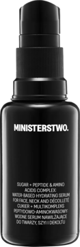 MINISTERSTWO. Cukier serum nawilżające z peptydami w czarnej butelce z pompką, widok z przodu.