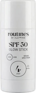 Biały sztyft routines SPF 50 Glow Stick z filtrem UVA/UVB i efektem rozświetlenia cery, widok z przodu.