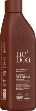Brunatna butelka ochronnego szamponu Neboa Color Shield Brunette, widok z przodu, z białymi napisami.