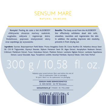 Biała, okrągła etykieta peelingu cukrowego Sensum Mare Algobody 300g. Czytelne informacje o składzie i działaniu.