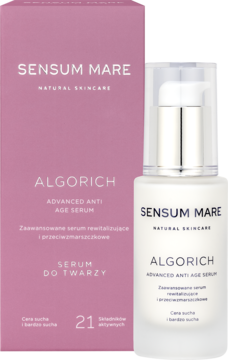 Sensum Mare Algorich serum anti-age do suchej skóry w białej, matowej butelce z pompką, z różowym pudełkiem.
