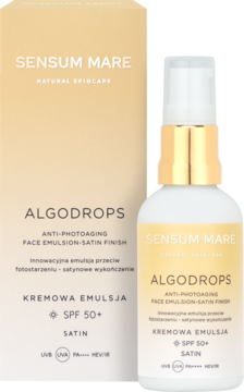 SENSUM MARE ALGODROPS SPF 50+ satynowa emulsja ochronna, biała butelka ze złotym pompką i pudełkiem.