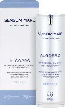 SENSUM MARE ALGOPRO serum przeciwzmarszczkowe z 4.5% potrójnym peptydem, biała butelka i pudełko.