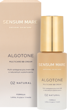 Sensum Mare Algotone BB Cream 02 Natural, butelka z pompką i pudełko, beżowe, z naturalnym wykończeniem.