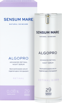Sensum Mare Algopro Advanced Retinal Night Serum 0.08% w białej butelce obok biało-fioletowego pudełka. Widok z przodu.