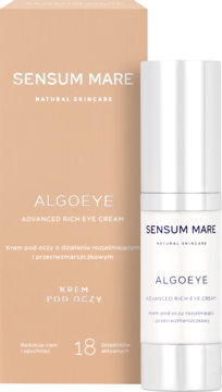 SENSUM MARE ALGOEYE Advanced Rich krem pod oczy, biała butelka obok brzoskwiniowego opakowania.