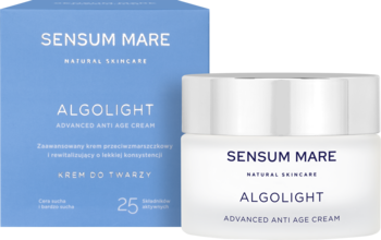 Sensum Mare Algolight Advanced Anti Age Cream, biały słoik i błękitne pudełko, przeciwzmarszczkowy krem, widok z przodu.