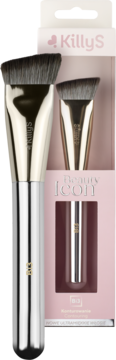 Dwa pędzle do makijażu KillyS Beauty Icon w różowym opakowaniu. Srebrne uchwyty, skośne czarne włosie, złote detale.