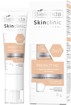 Bielenda Skinclinic PREBIOTYKI krem 6w1 z peptydem miedziowym i ektoiną, beżowa tubka i pudełko, widok z przodu.