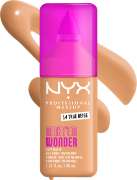 Matujący podkład NYX Make 'Em Wonder 14 True Beige w szklanej butelce z różową nakrętką, widoczne swatche.