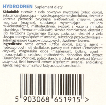 Tył opakowania suplementu diety Hydrodren, z listą składników po polsku i angielsku oraz kodem kreskowym.