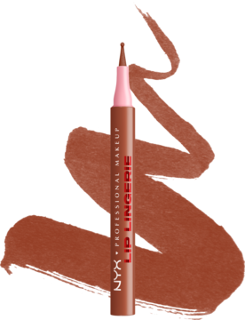 NYX Lip Lingerie konturówka Naughty Nude, brązowa, z widocznym aplikatorem i kreską na tle.