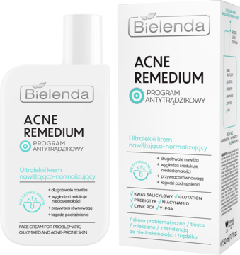 Bielenda ACNE REMEDIUM ultralekki krem nawilżająco-normalizujący do cery trądzikowej w białej butelce i pudełku.