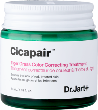 Zielony słoik Dr.Jart+ Cicapair Tiger Grass Color Correcting Treatment, na czerwone podrażnienia, widok z przodu.