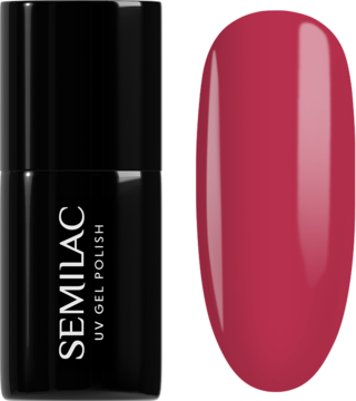 Semilac Jelly Kiss, malinowo-czerwony lakier UV o efekcie jelly w czarnej butelce, obok lśniący swatch.