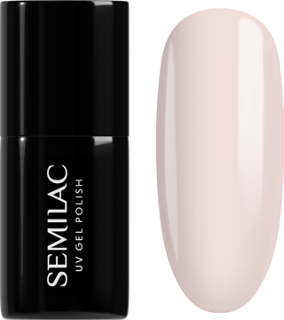 Semilac Jelly Nude, półtransparentny, ciepły beżowy lakier hybrydowy z efektem jelly, butelka i swatch koloru.