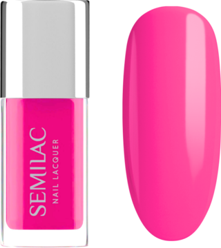 Semilac Neon Pink Nail Lacquer: butelka z różową etykietą, obok błyszczący wzornik w intensywnym neonowym różu.