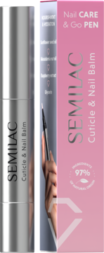 Semilac malinowy balsam do skórek i paznokci w srebrnym penie, obok różowe opakowanie '97% natural'.