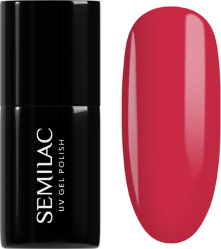 Semilac UV Gel Polish Cherry Pop: czarna butelka i swatch energetycznego, malinowo-różowego lakieru.