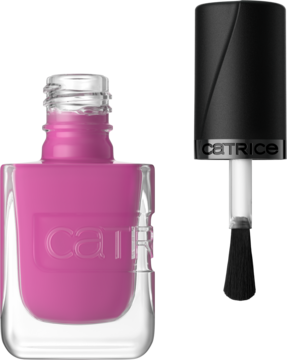 Fuksjowy lakier Catrice GEL AFFAIR 49 w szklanej butelce, pędzelek z czarną zakrętką obok, widok z przodu.