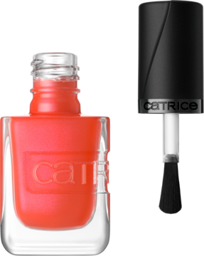 Lakier Catrice GEL AFFAIR 050 Poppy Reloaded, żywy pomarańczowo-czerwony z żelowym połyskiem, otwarta butelka i pędzelek.