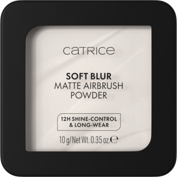 Catrice Soft Blur Matte Airbrush Powder w czarnej, kwadratowej puderniczce, widok z góry, napis 12H SHINE-CONTROL.
