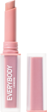 Otwarta różowa pomadka Velvet Matte EVERYBODY LONDON, widoczny ścięty, matowy sztyft i półprzezroczysta nakładka.