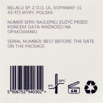 Tył opakowania hydrolatu lawendowego z adresem Belalu, datą ważności, kodem kreskowym i piktogramami 6M, 0-20°C.