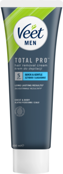 Veet Men Total Pro krem do depilacji 200ml, ciemnoszara tuba z zielonymi akcentami, widok z przodu.