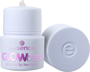 Essence GLOWcerin kuracja do ust, mleczne opakowanie z różowym napisem, obok odkręcona fioletowa nakrętka.
