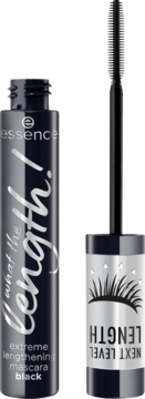 Czarna maskara Essence What The Length!, otwarta tuba, obok szczoteczka z napisem 'NEXT LEVEL LENGTH' i rzęsami.