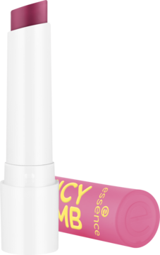 Otwarty, ciemnoróżowy balsam do ust Essence Juicy Bomb w białym sztyfcie. Różowa skuwka leży obok.
