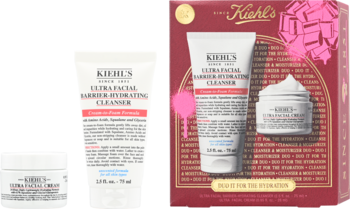 Kiehl's Duo It For The Hydration Gift Set: krem i żel do twarzy w czerwonym pudełku i osobno, zbliżenie.