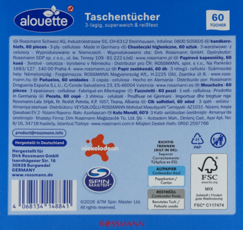 Tył niebieskiego opakowania chusteczek Alouette Taschentücher 60 sztuk, z białymi tekstami i logami FSC.
