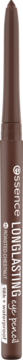 Brązowa kredka do oczu essence Long Lasting Eye Pencil, zamazany biały napis, pionowe ujęcie produktu.