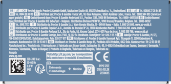 Tył opakowania Oral-B Pro Kids z danymi dystrybucyjnymi, QR kodem i symbolami na jasnoniebieskim tle.