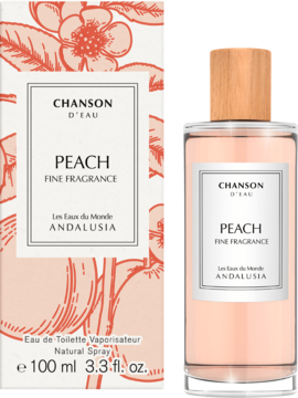 Chanson D'eau Peach Fine Fragrance 100ml, damska woda toaletowa, widok butelki z różowym płynem i kwiatowego pudełka.