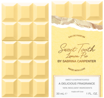 Sweet Tooth Lemon Pie by Sabrina Carpenter 30ml, woda perfumowana. Opakowanie obok żółtej, segmentowej tabliczki.